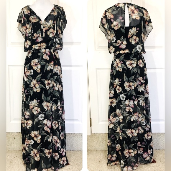 WHBM I White House Black Market Floral Chiffon Flutter Sleeves Maxi Dress - Picture 8 of 9